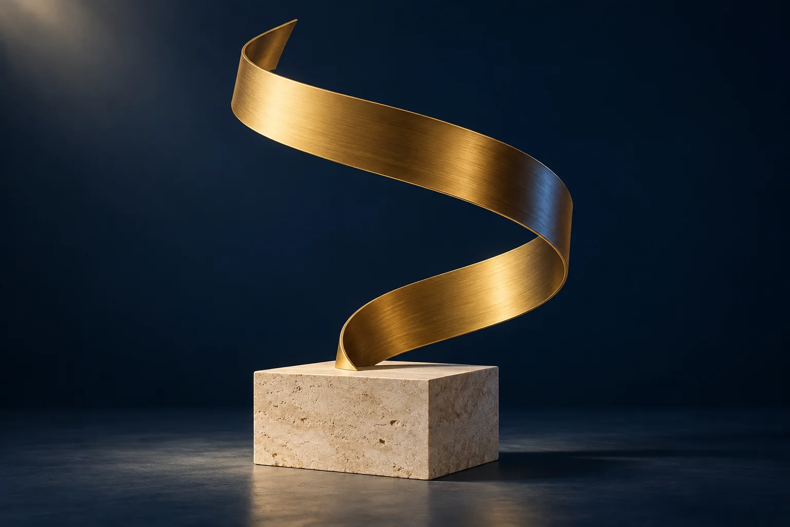 A sculptural gold ribbon rising above a stone plinth